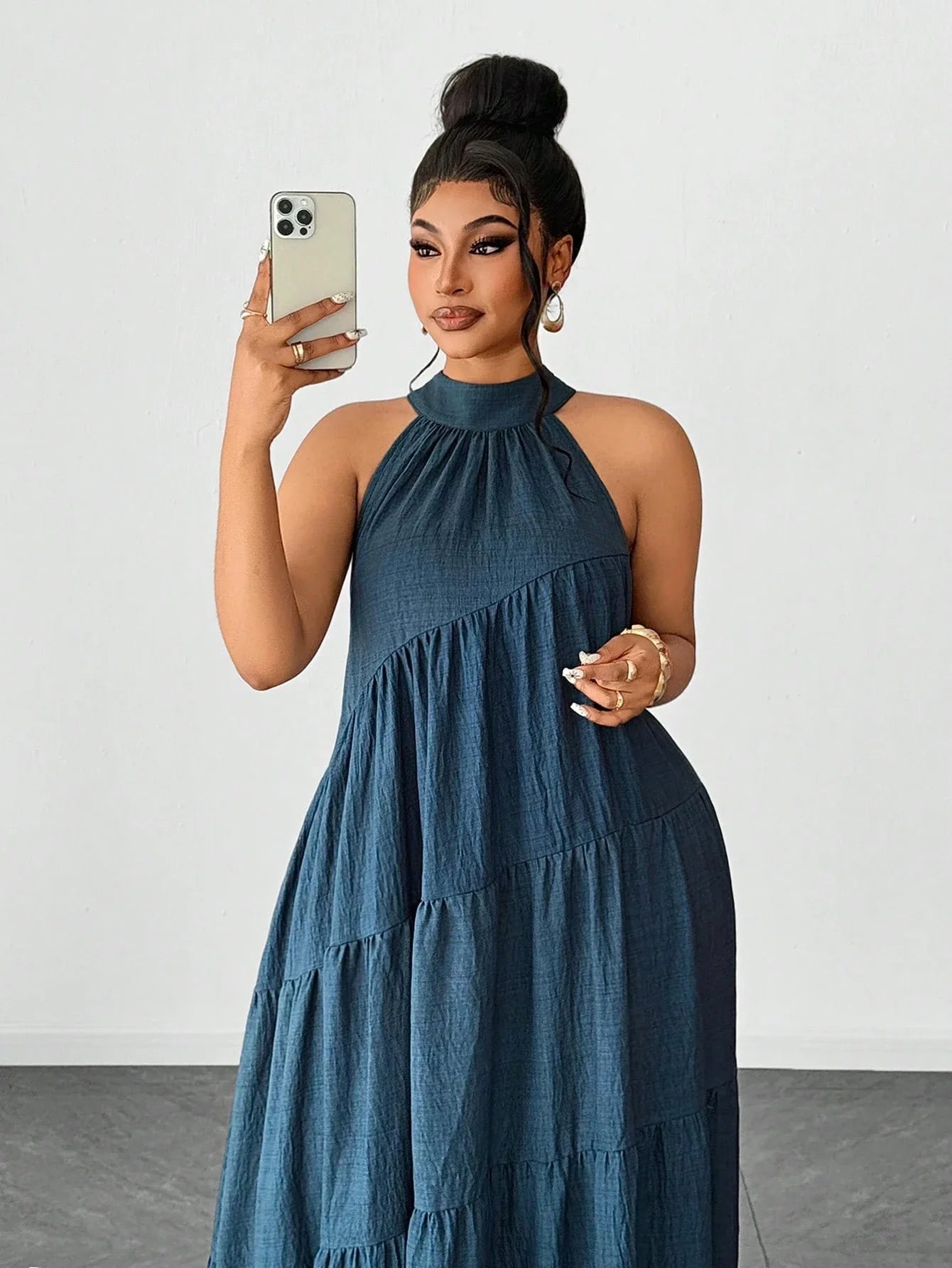 Plus Size Solid Color Halter Neck Tiered Ruched Casual Maxi Dress
