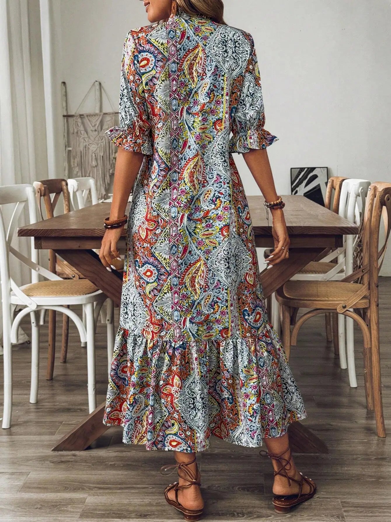 Bohemian Printed Mid-Sleeve Dress With Tassel Tie Neck Ruffle Hem Loose Maxi Dress