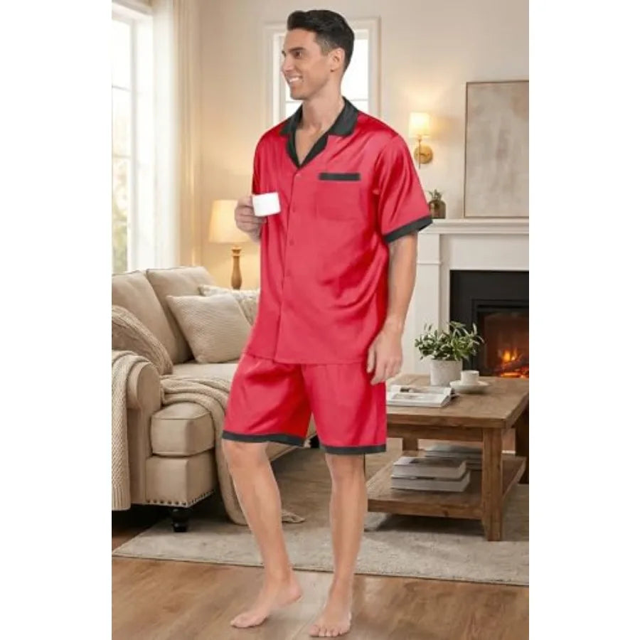 Men Satin Silk Pajamas Set with Pockets Sleepwear Shorts Satin Summer Loungewear 2 Pcs Button Down Set S-3XL