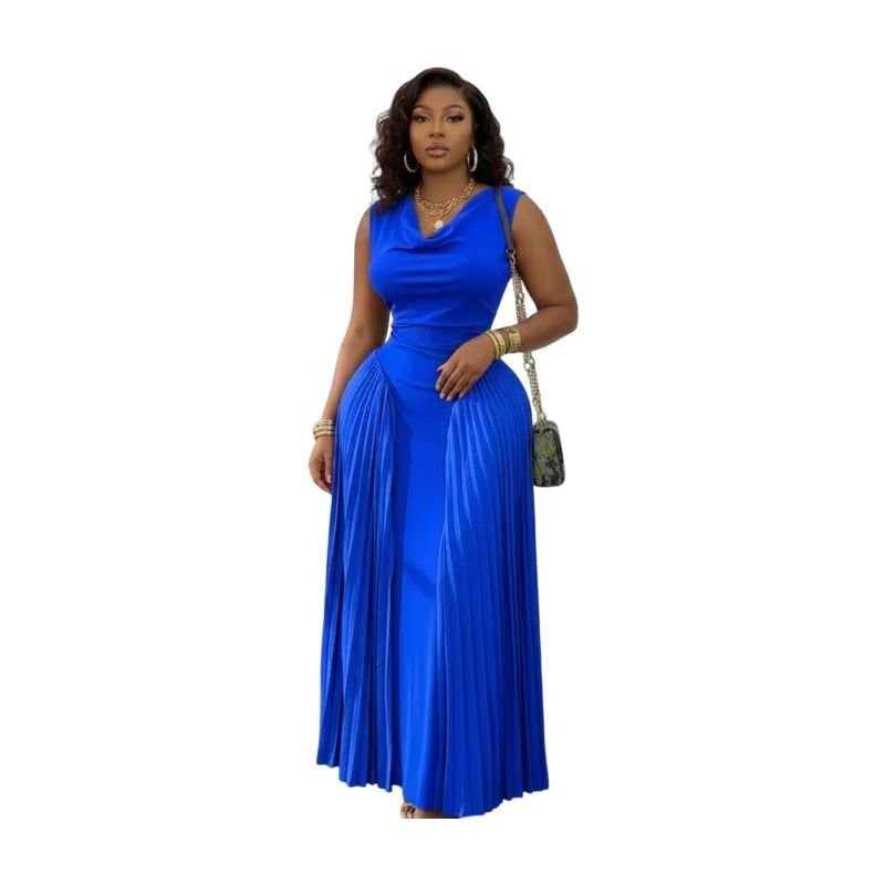 Women Sleeveless Cowl Neck Pleated Maxi Dress For Formal Evening Wedding Guest Prom And Banquet Occasion