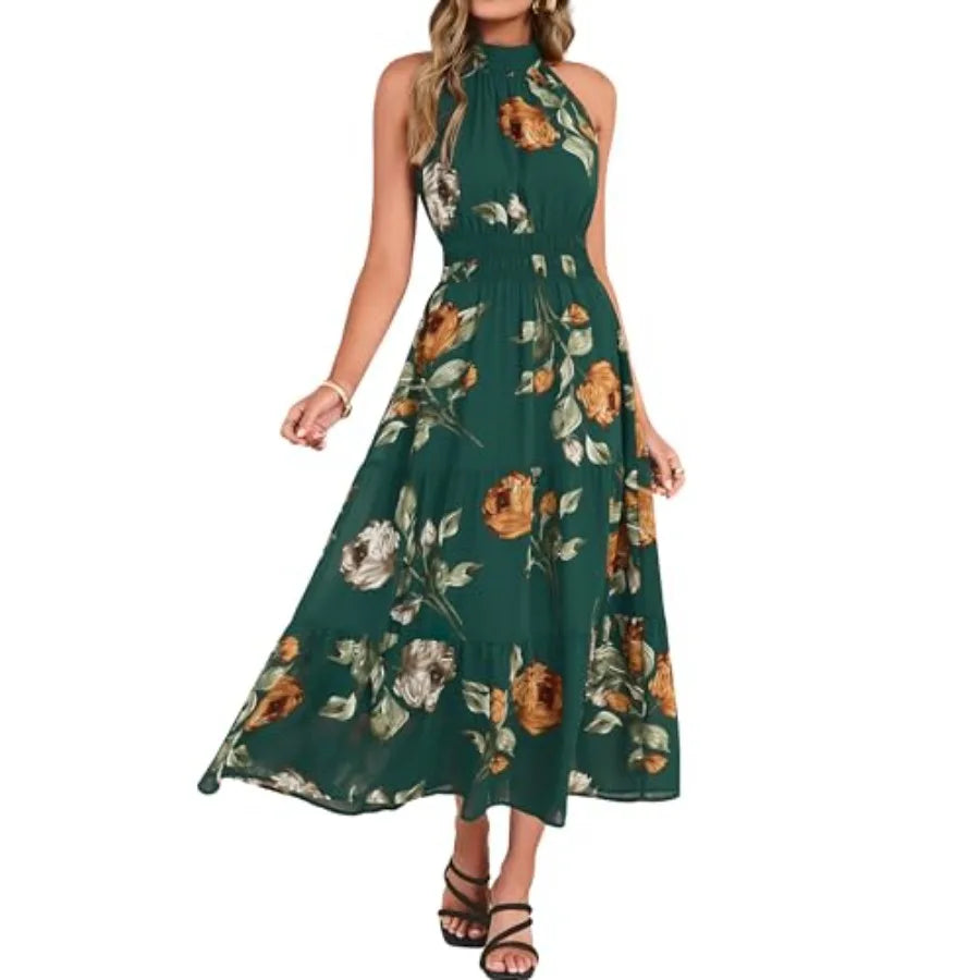 Simplee Womens Summer Halter Wedding Guest Dress Maxi Floral Vacation Boho Sundresses Flowy Formal Long Travel Dresses 2026