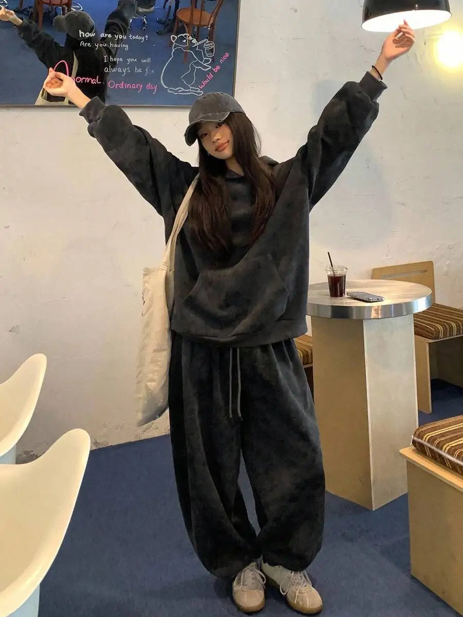 2pcs Set Women Hooded Casual Korean Style Sweatshirt And Loose Sweatpants Tracksuit