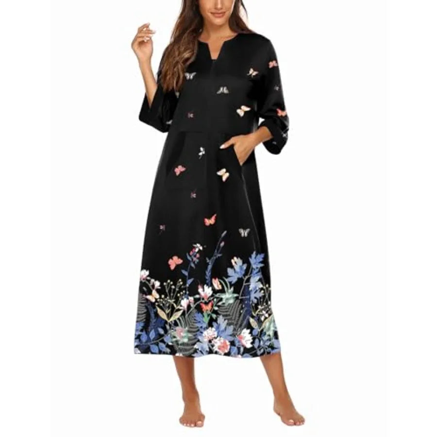 Women Zipper Robe 3/4 Sleeves Loungewear Dress Full Length Sleepwear Pockets Housecoat Nightgown Long Bathrobe