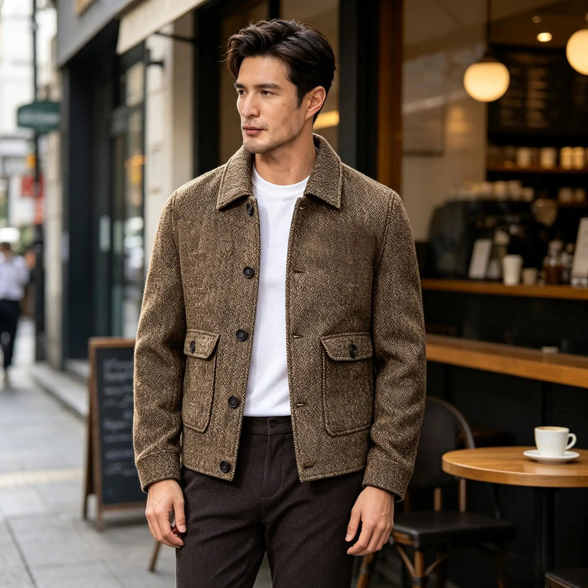 Men Vintage Herringbone Short Lapel Button Jacket Casual Outerwear For Daily Commute Weekend Dating Coffee Street Trip Gathering