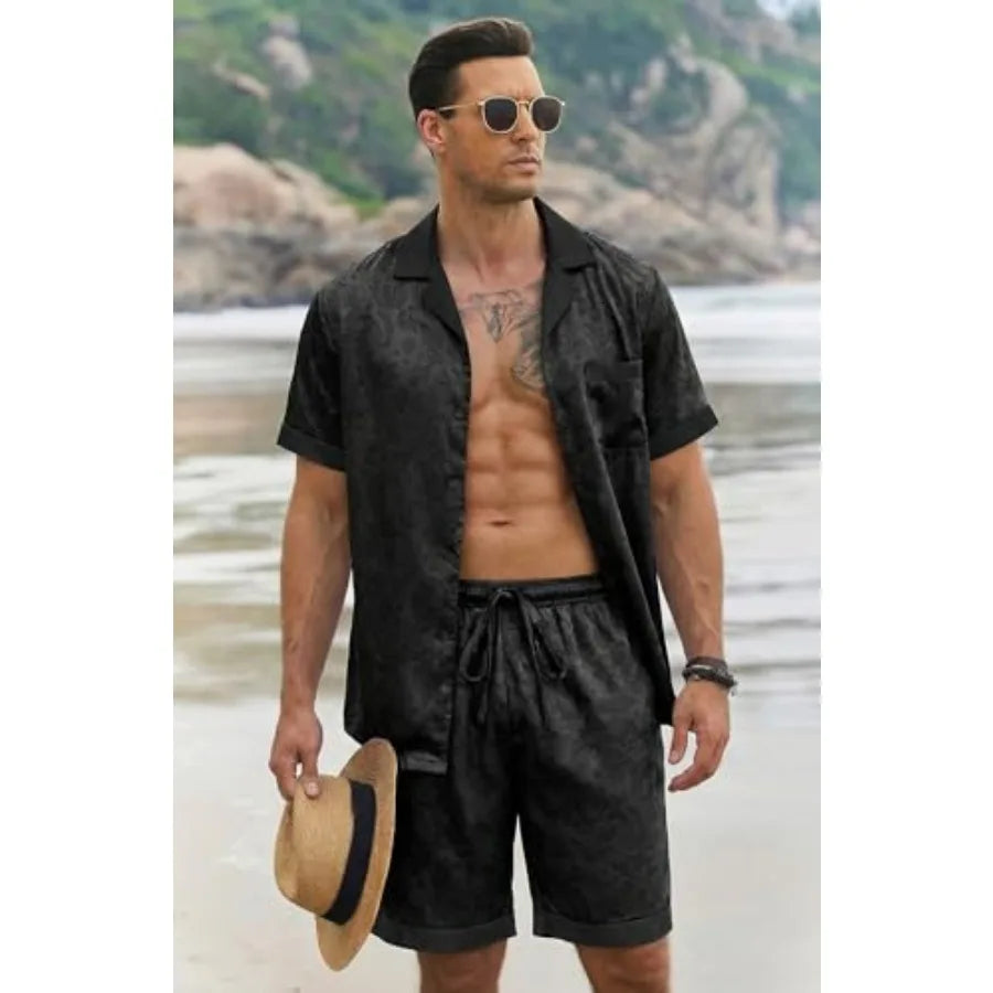 Men Satin Silk Pajamas Set with Pockets Sleepwear Shorts Satin Summer Loungewear 2 Pcs Button Down Set S-3XL