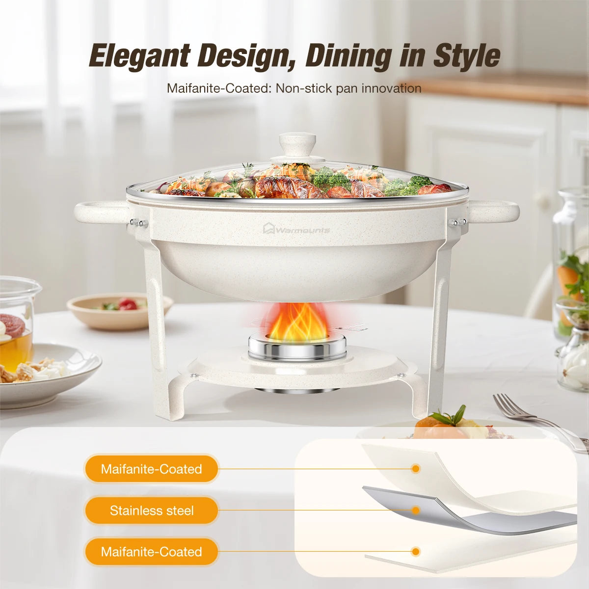 Warmounts Fully Coated Round Chafing Dishes Buffet Set With Glass Lid