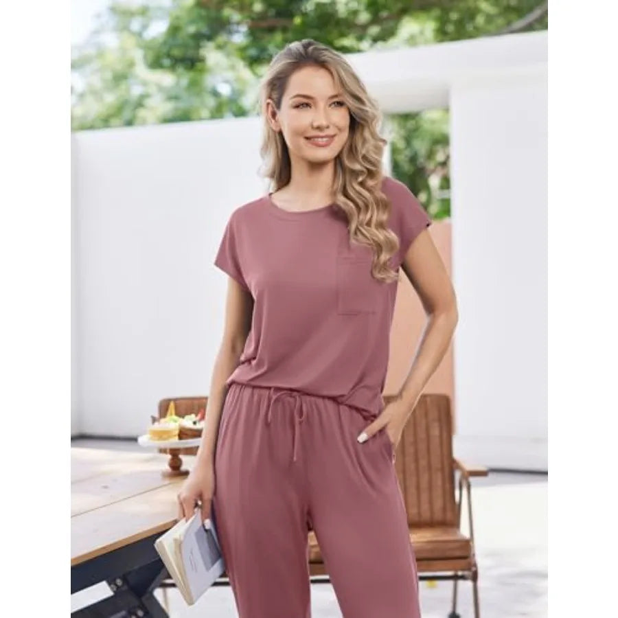 Ekouaer 2 Packs Pajamas for Women Set Cap Sleeve Top and Pants Soft Sleepwear Comfy Pjs Set with Pockets Loungewear