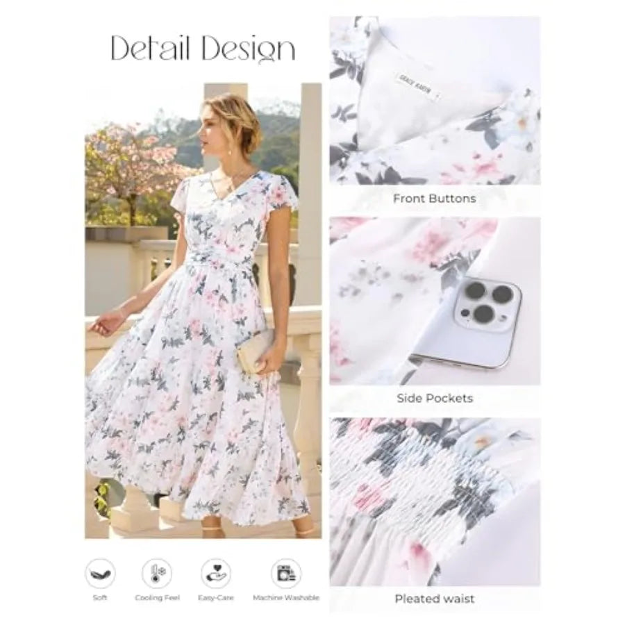 GRACE KARIN 2026 Women Summer Dress, Maxi Short Sleeve Floral Dresses, Semi Formal Flowy Wedding Guest Dress with Pocket