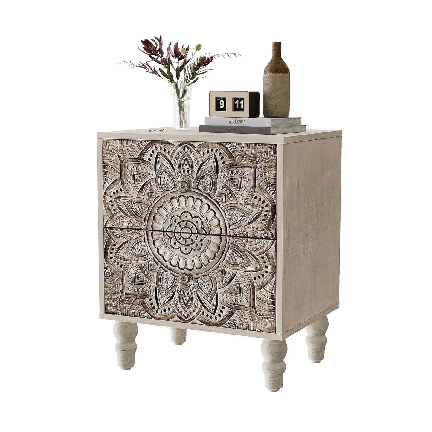 White Nightstand with 2 Drawers, Lotus Flower Carved Wood Bedside Table, Small Nightstand Side Table, Easy Assembly, Customized