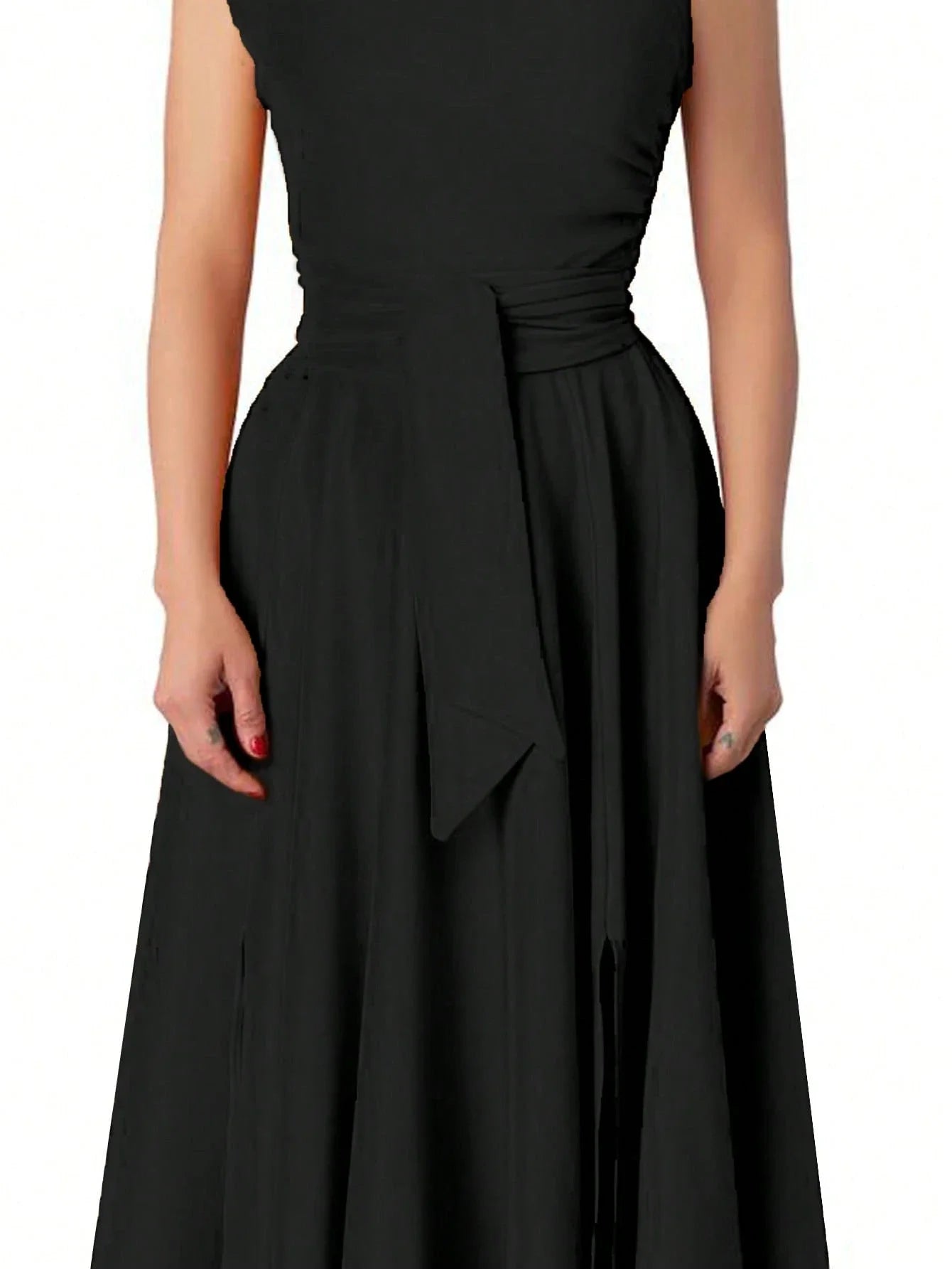 One Shoulder Black Solid A-Line Maxi Dress With Sash Belt