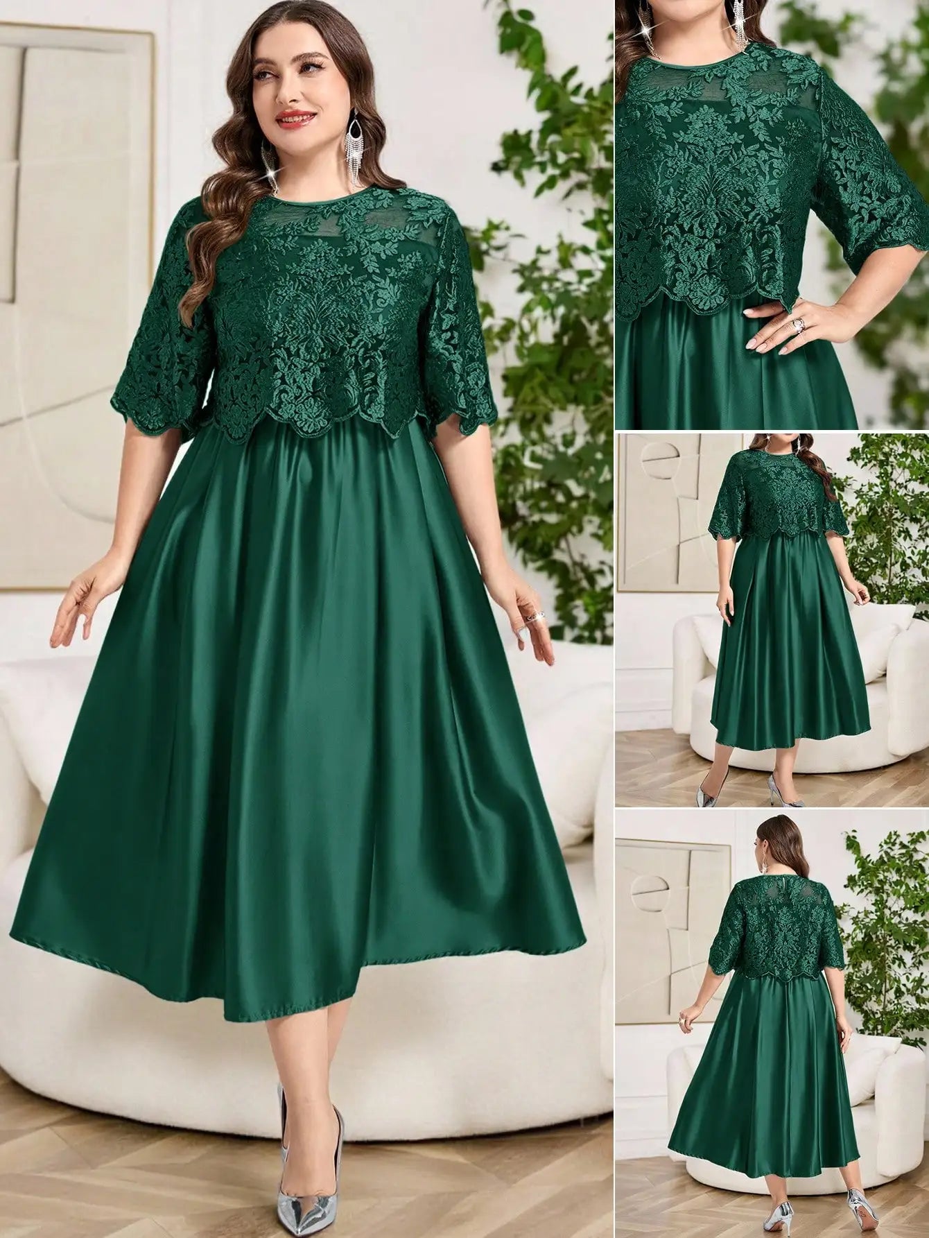 Plus Size Floral Embroidery Elegant Round Neck Midi Dress For Spring Summer