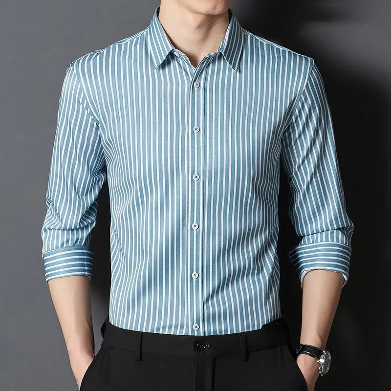BROWON Brand 2026 Spring Long Sleeve Formal Shirt Men Manage Striped Business Shirts for Man Slim-fit Elasticity Work Man
