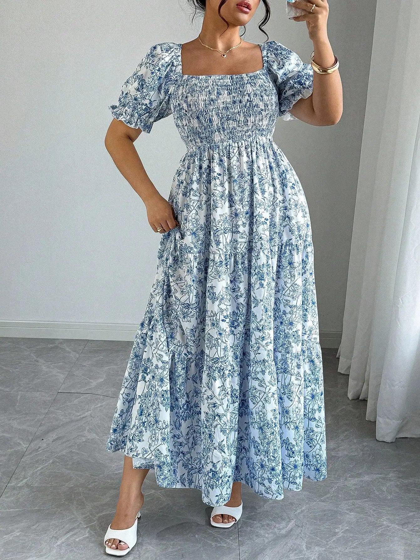 Elegant Square Neck Puff Sleeve Tiered Floral Maxi Dress