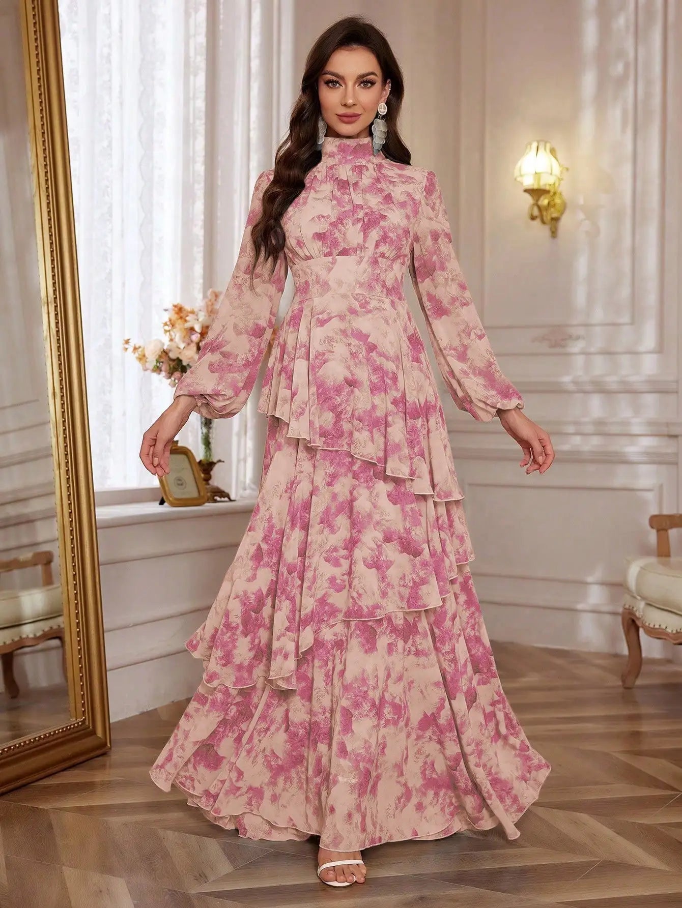 Women's Blue Floral Print Stand Collar Lantern Sleeve Ruffled Tiered Floor Length Elegant Dress