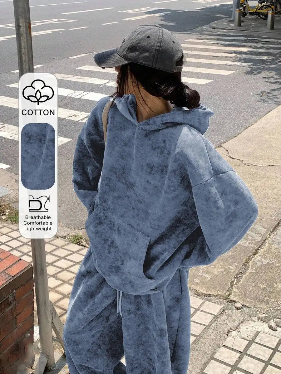 2pcs Set Women Hooded Casual Korean Style Sweatshirt And Loose Sweatpants Tracksuit