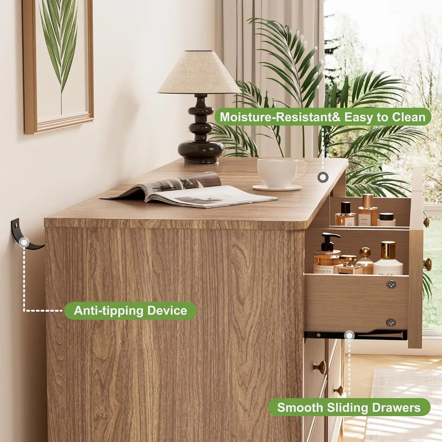 54" Wide Modern Fluted Wooden 6 Drawer Dresser, Multi-Functional Bedroom TV Storage Chest with Smooth Round Corners, Customized