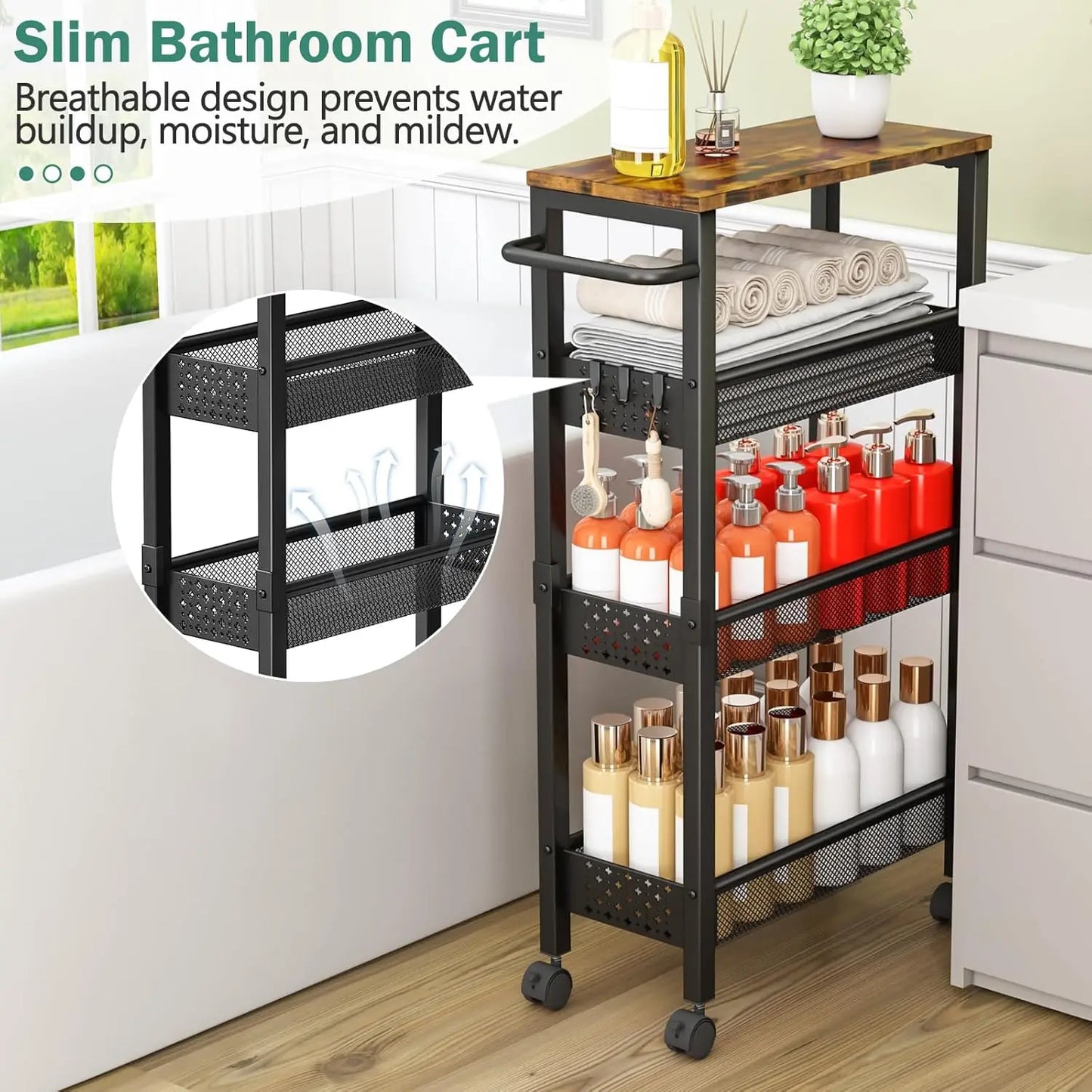 Slim Storage Cart With Wheels, 4 Tier Small Rolling Cart With Wood Top, Metal Kitchen Bathroom Laundry Room Organization