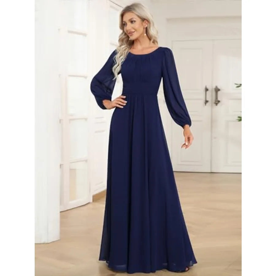 Ever-Pretty Women's Crewneck Long Lantern Sleeves Floor Length A-Line Pleated Chiffon Formal Dress 0B