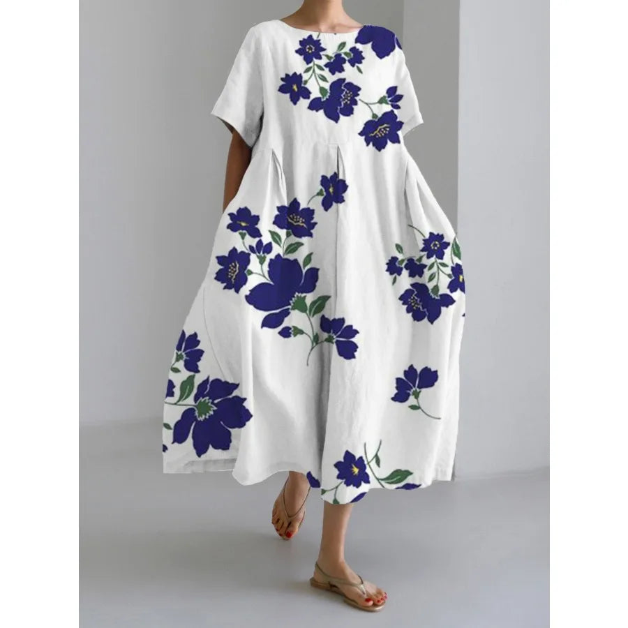 【New style】 - summer new European and American women's clothing loose round neck fashionable high-end short-sleeved printed dre