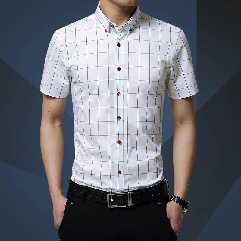 BROWON Men Plaid Short Sleeve Business Casual Shirt