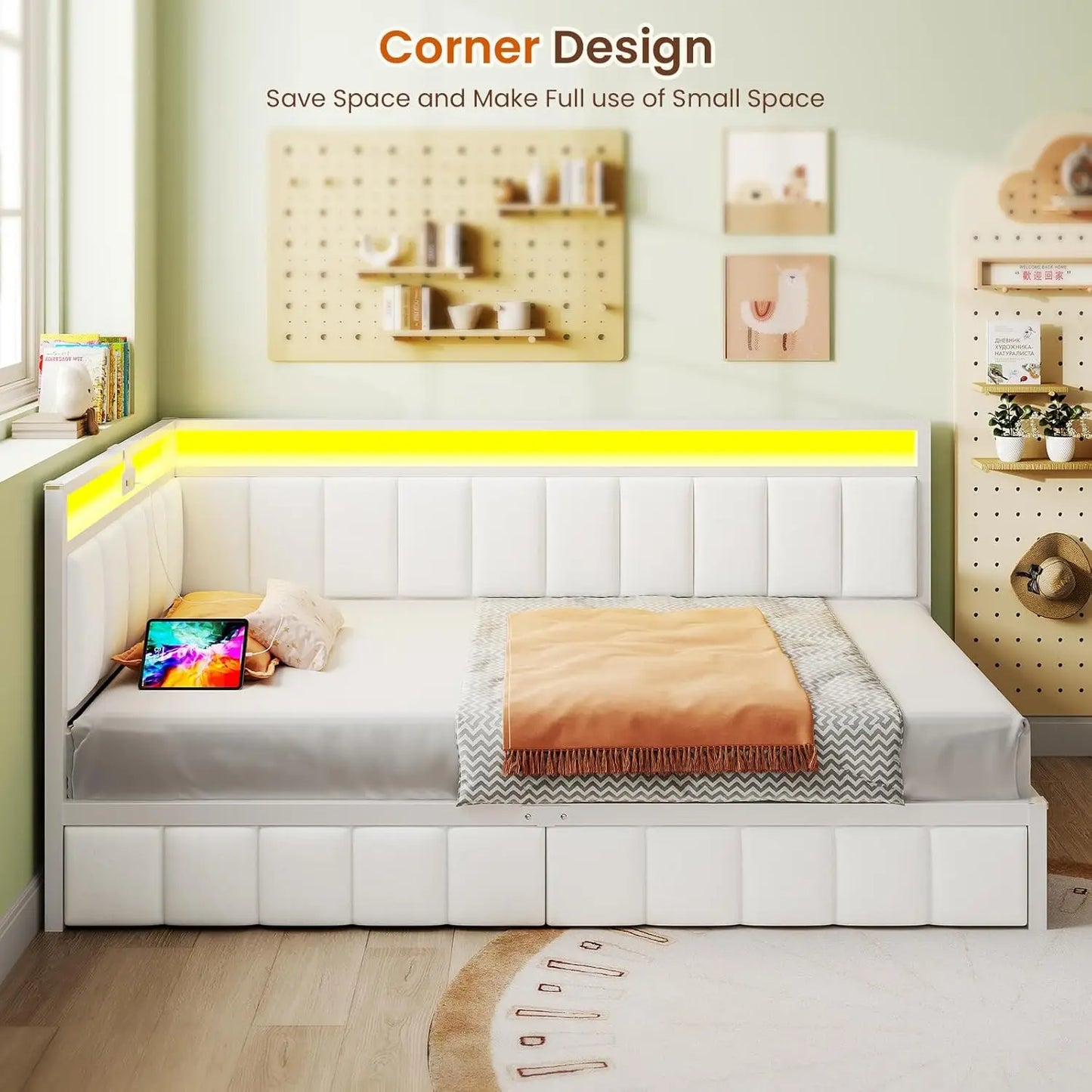 Corner Twin XL Bed Frame with 2 Storage Drawers & Charging Station Metal Platform Bed Frame Twin XL with Storage, Customized