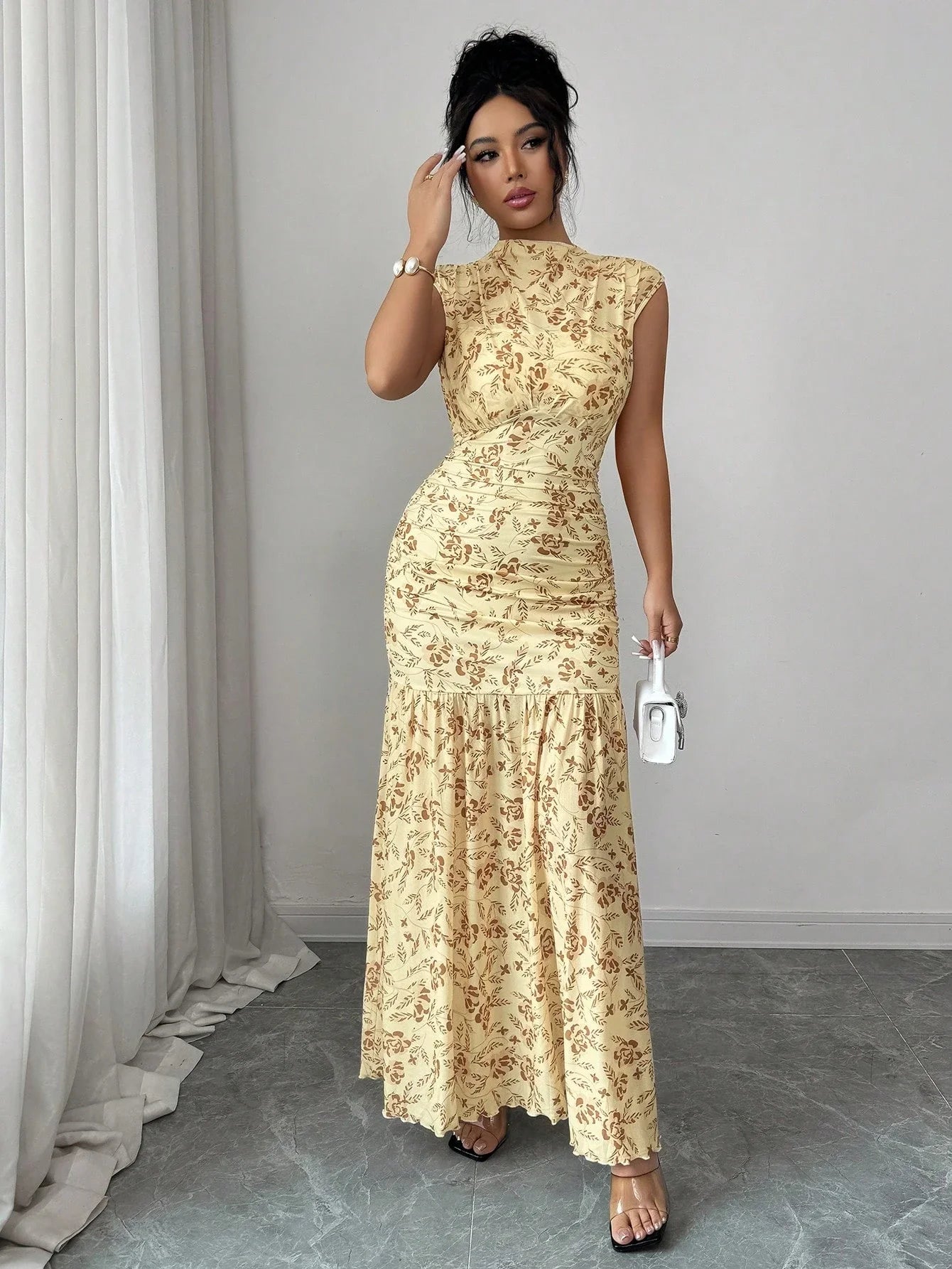 Yellow Floral Print Ruched Waist Elegant Floor-Length Dress For Women