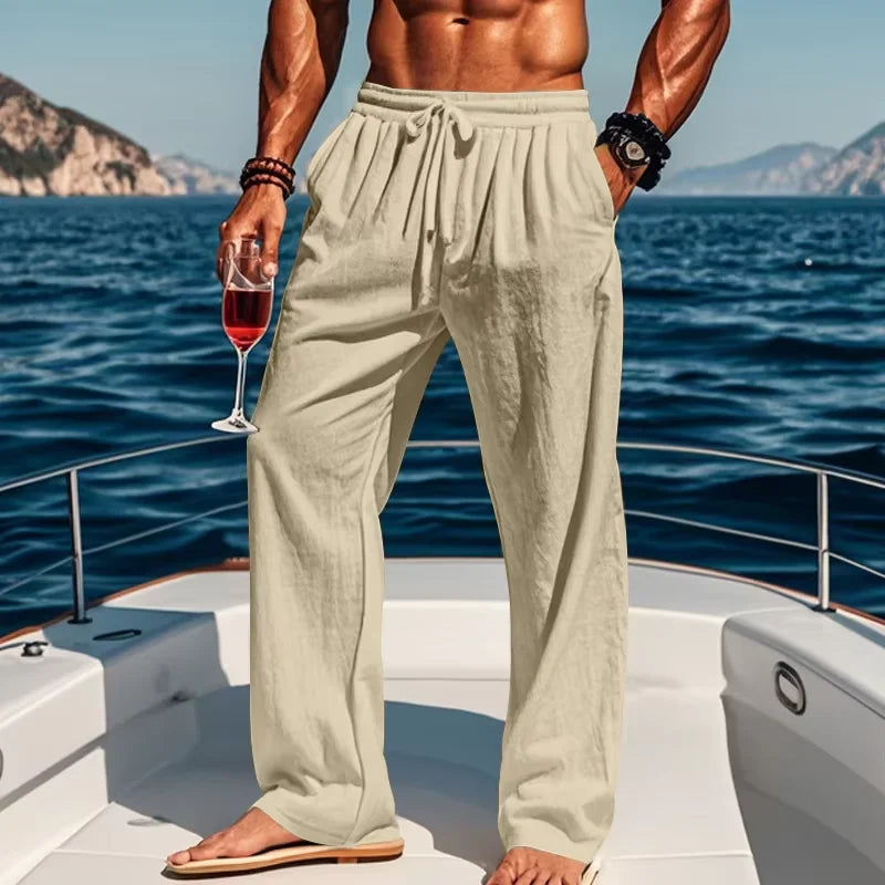 Men's Linen Casual Pants Elastic Drawstring Waist Wide Leg Trousers Summer Breathable Loose Fit Beach Pants Holiday Daily Wear