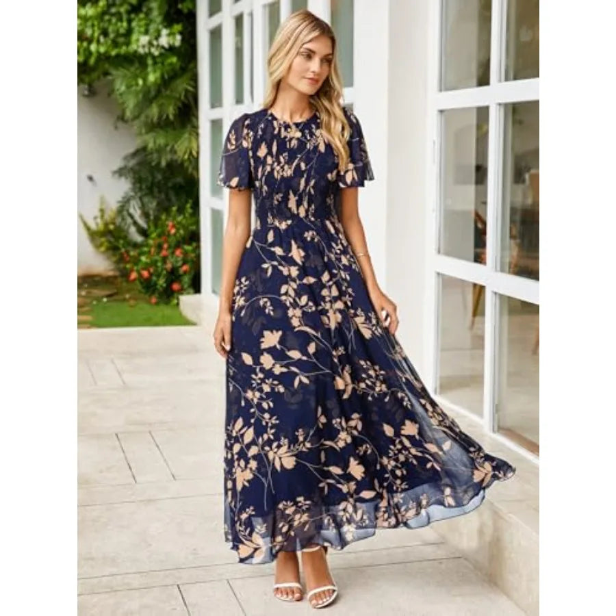 Simplee Womens Casual Floral Summer Maxi Dress 2026 Boho Flowy Short Sleeve Crew Neck Vacation Smocked Chiffon Dresses
