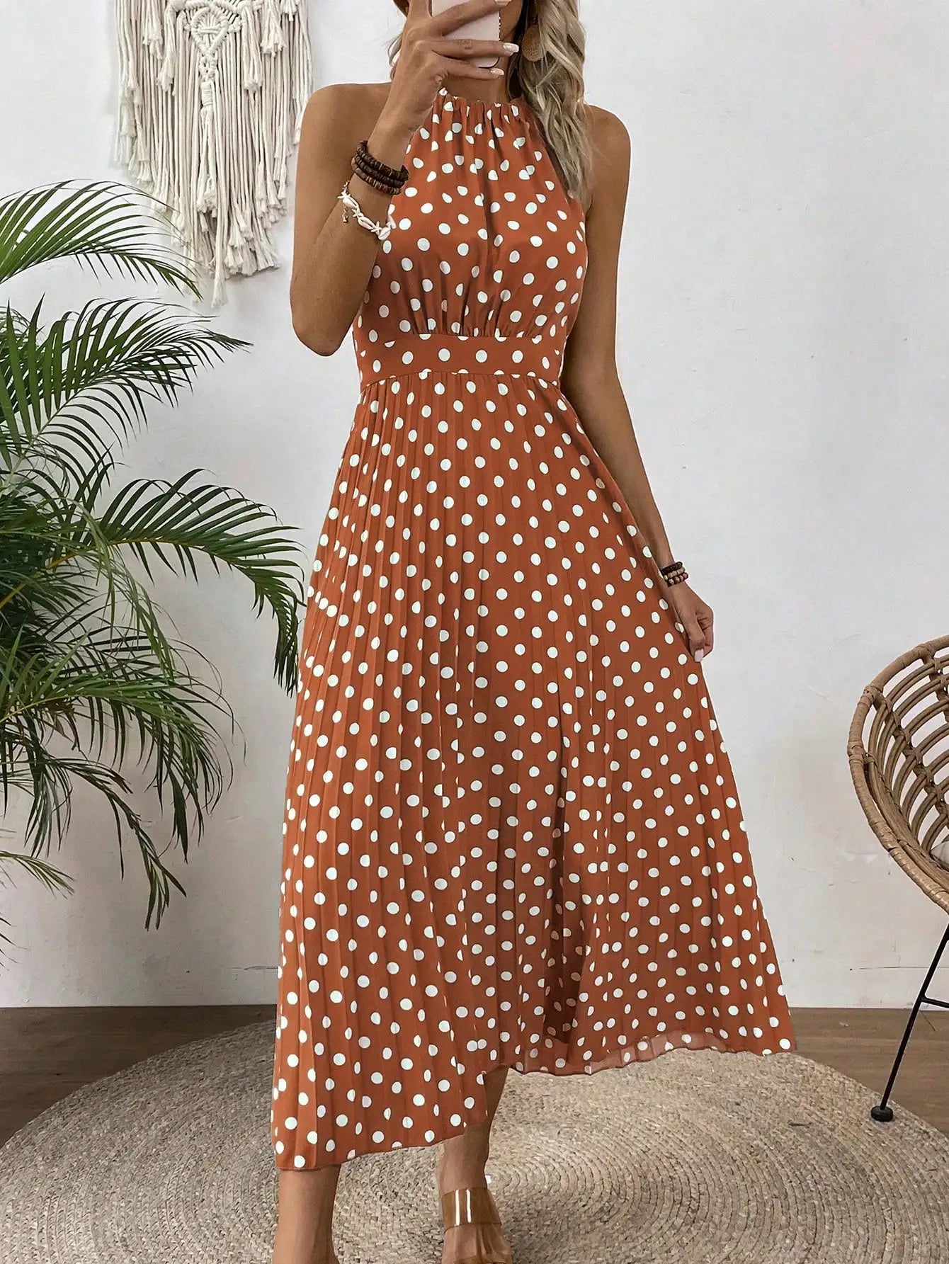 Women Polka Dot Halter Sleeveless Pleated Maxi Dress Beach Vacation Outfit