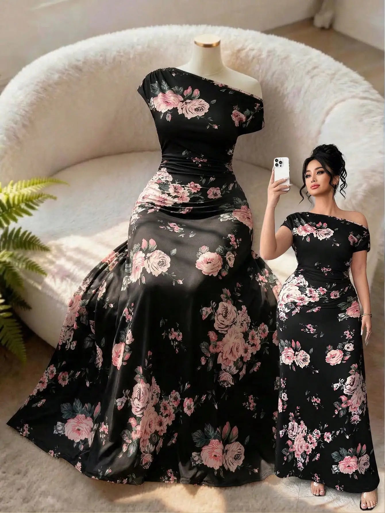 Off Shoulder Floral Print Short Sleeve Floor Length A-Line Dress For Women