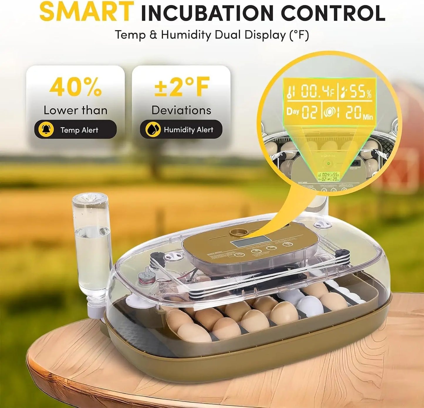 For Farm, Home & School, 24 Egg Incubator with Automatic Turner & Candler, Smart Temperature & Humidity Control, 360° View
