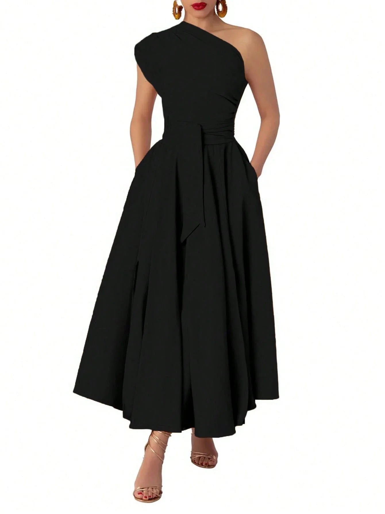 One Shoulder Black Solid A-Line Maxi Dress With Sash Belt
