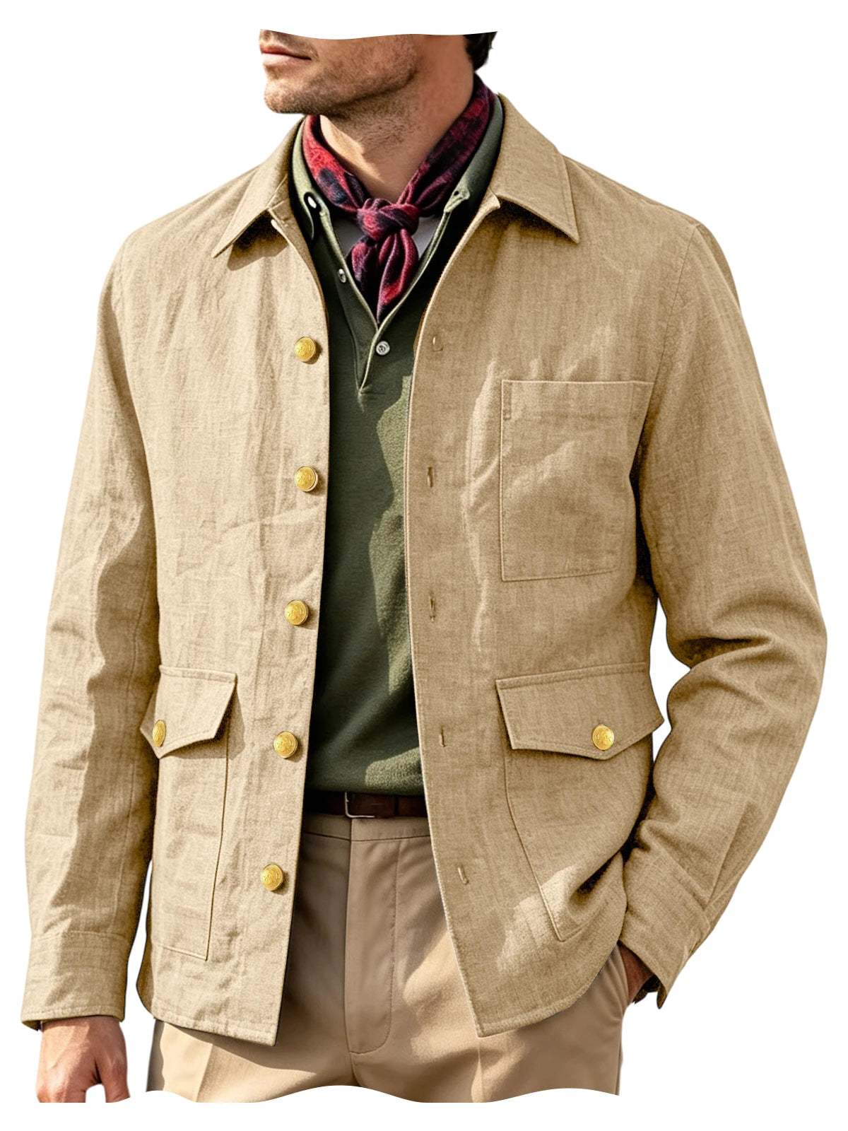 Mens Vintage Linen Jacket With Breathable Gold Button Lapel Design