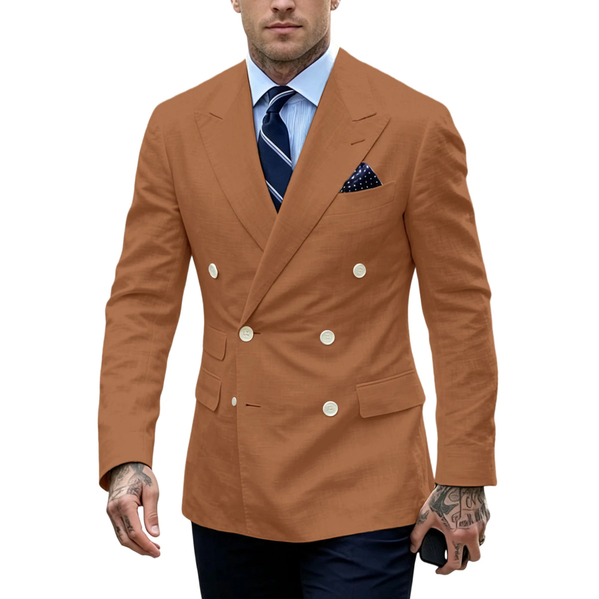 Men's Double Breasted Blazer Slim Fit Linen Suit Jacket Formal Business Casual Tuxedo for Wedding Prom Office Party Daily Wear