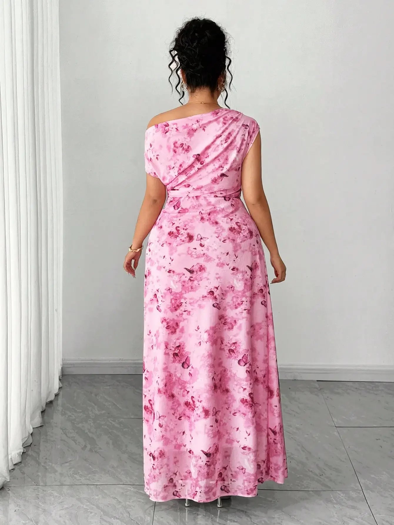 Elegant Off-Shoulder Cinched Waist Floral A-Line Maxi Dress Hot Pink