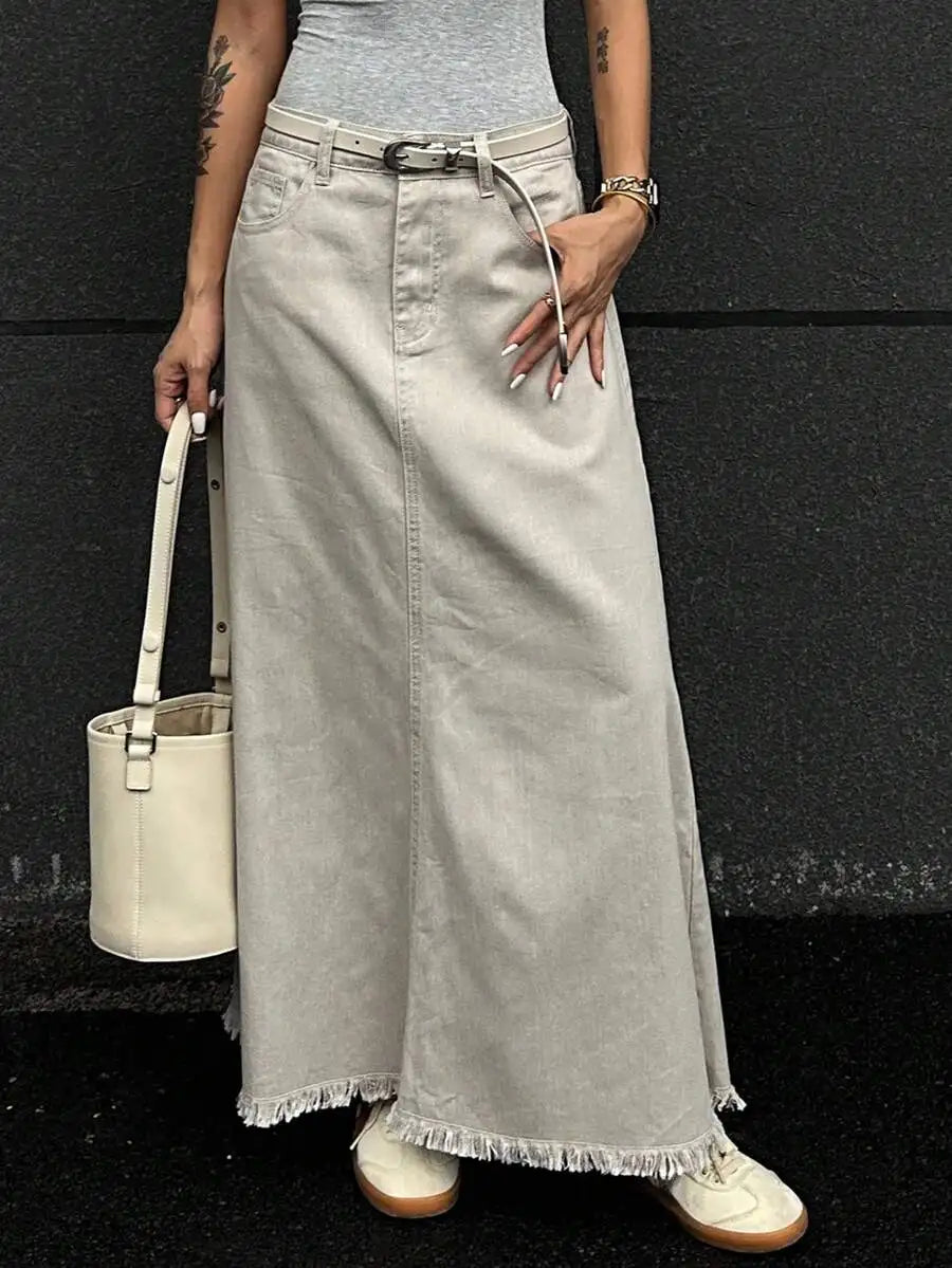 Women's Loose A-Line Denim Skirt with Frayed Hem and Belt, Autumn Casual Wear