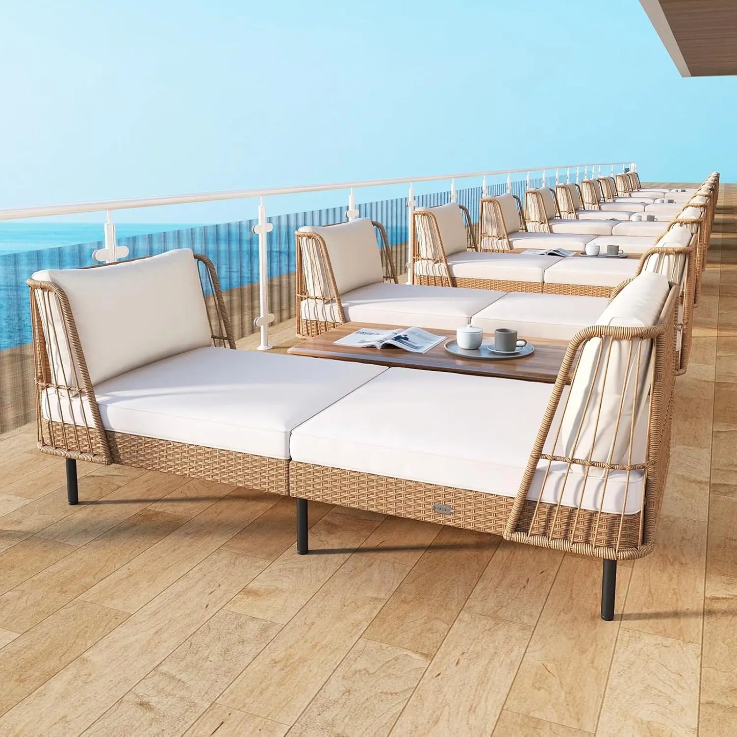 Patio Rattan Daybed, Boho Outdoor Wicker Lounge Sofa with Seat & Back Cushions, 2-Seat Bench Sun Lounger Chair with, Customized