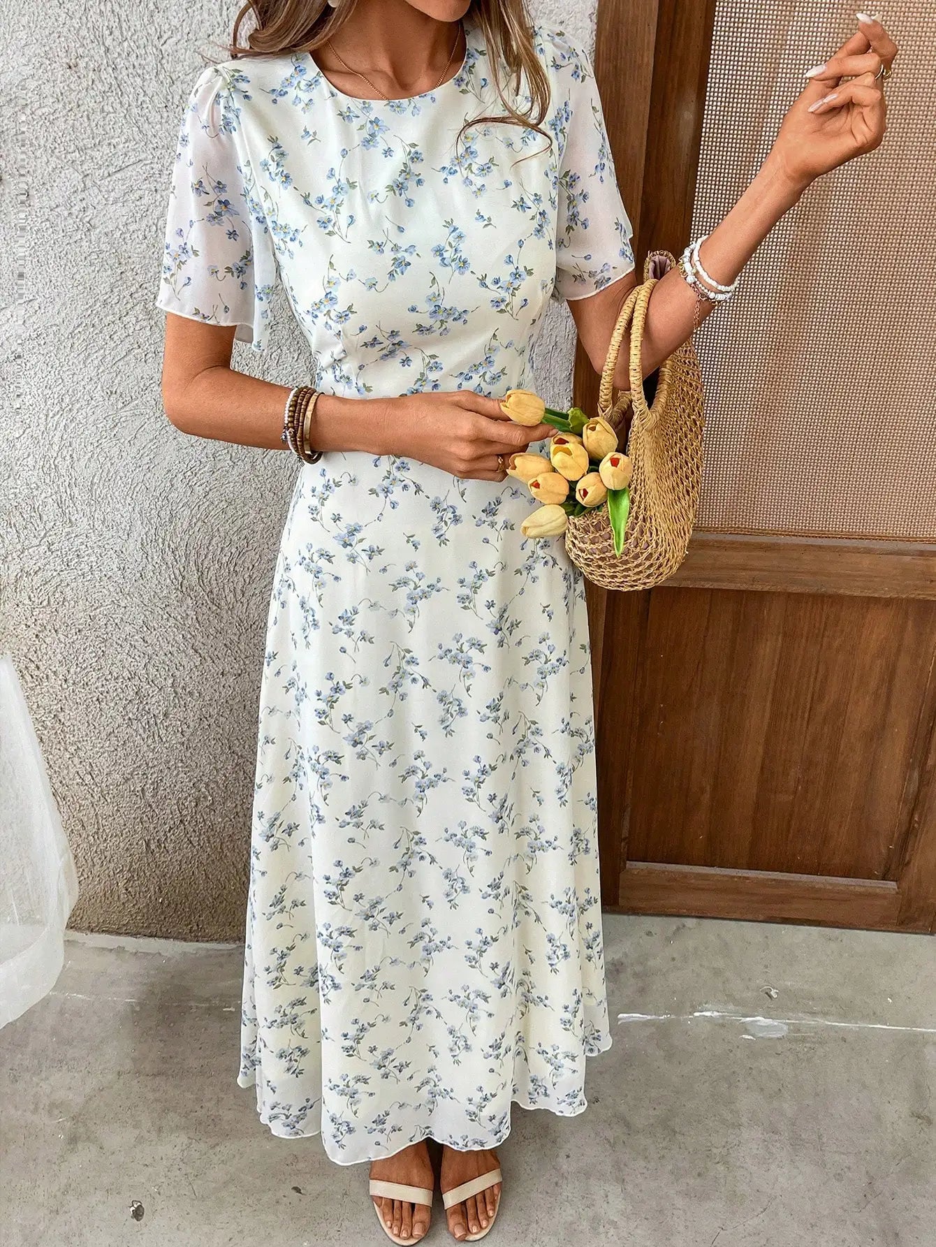 Elegant Ditsy Floral Round Neck Short Sleeve Mid-Calf Dress For Women Summer
