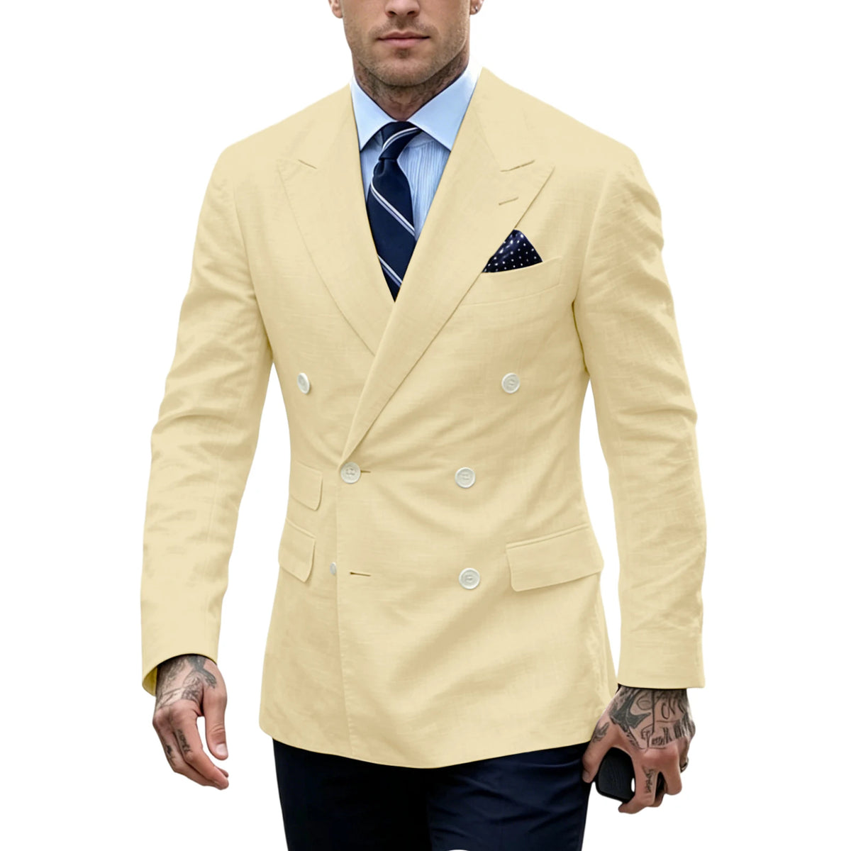Men's Double Breasted Blazer Slim Fit Linen Suit Jacket Formal Business Casual Tuxedo for Wedding Prom Office Party Daily Wear