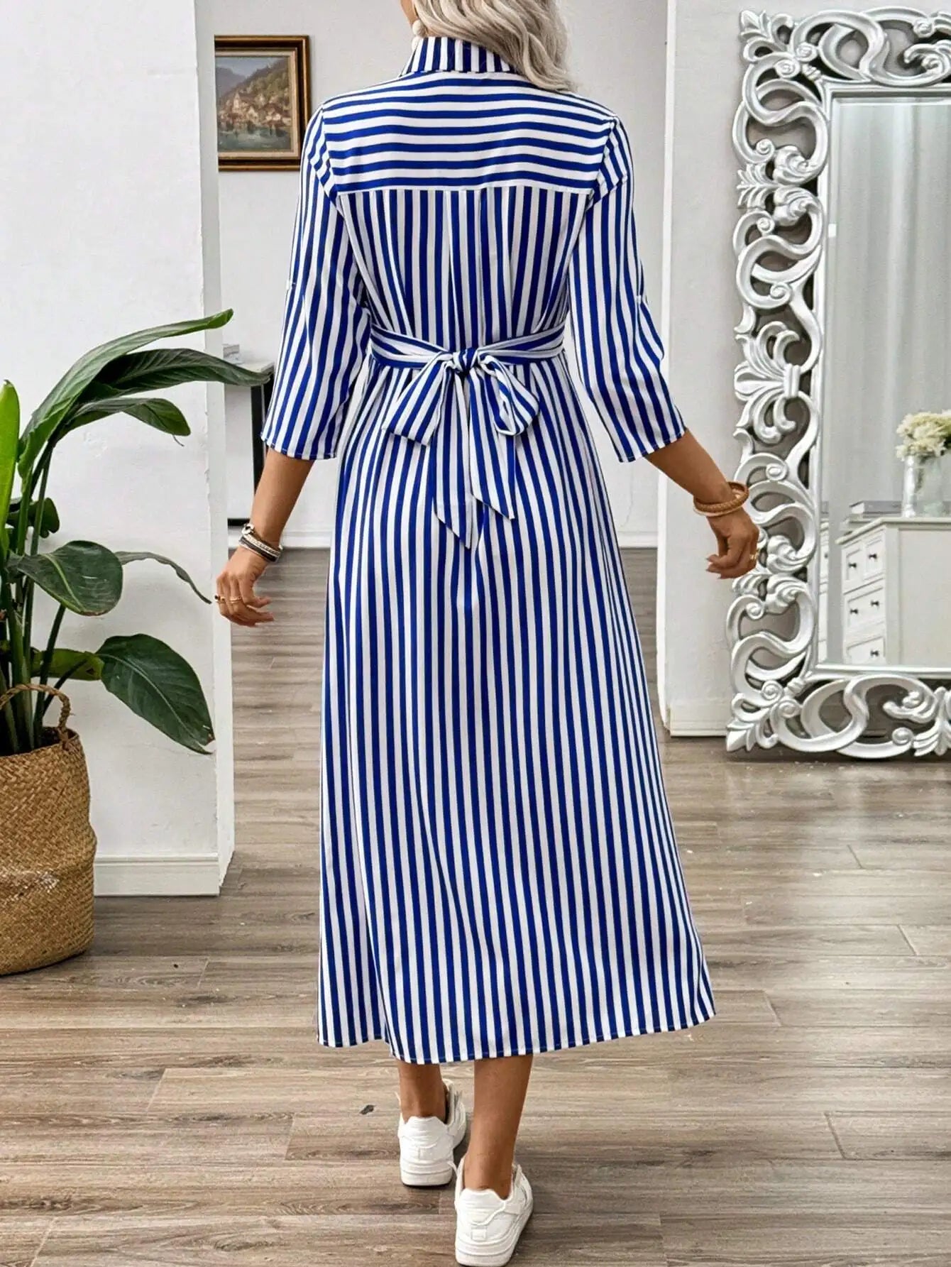 Blue And White Striped Twist Front Midi Dress With Belt