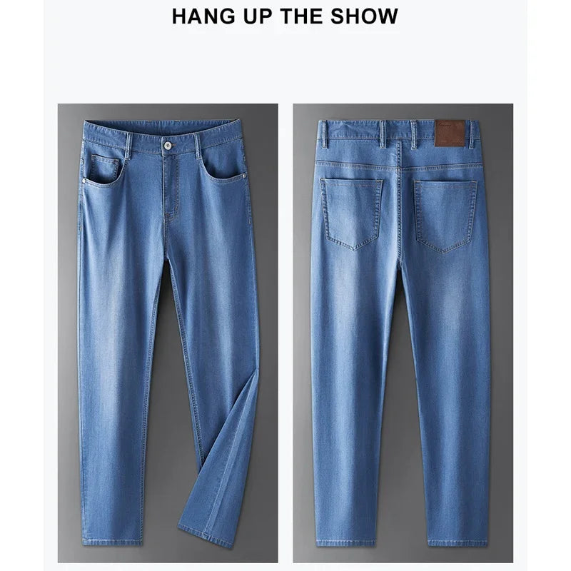 BROWON Brand Silk Men Jeans 2026 Summer Thin Straight Business Casual Pants Mid Waist Solid Color Fashion Jeans for Men Clothes