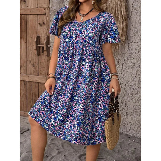 Ditsy Floral Round Neck Short Sleeve Ruffle Dress For Women