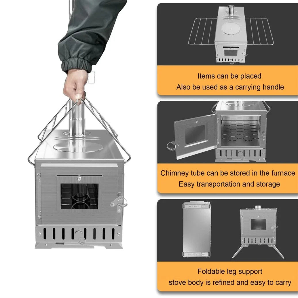 Portable Wood Burning Stove With 6 Stainless Chimney Pipes Outdoors