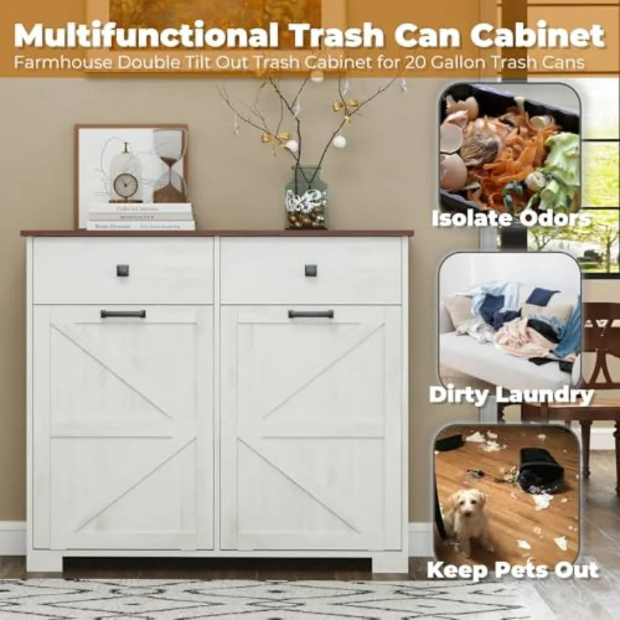 Farmhouse Double Tilt Out Trash Cabinet for 20 Gallon Trash Cans Free Standing Recycling Cabinet with Hideaway Drawer Barn Door