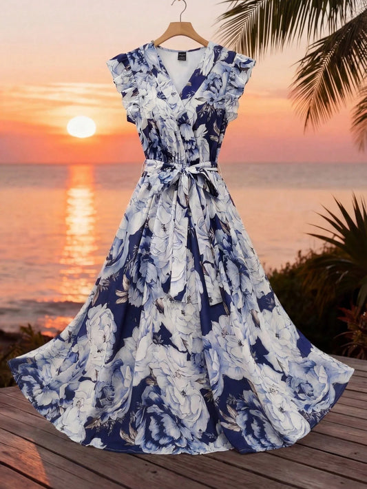 Elegant Floral Print Wrap Dress With Ruffle Sleeves And Sash Belt Summer