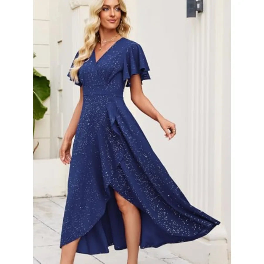 Long Formal Dresses for Women Gowns Evening Party Cocktail Dress, Split Elegant V Neck Wrap Ruffle Wedding Guest Dresses