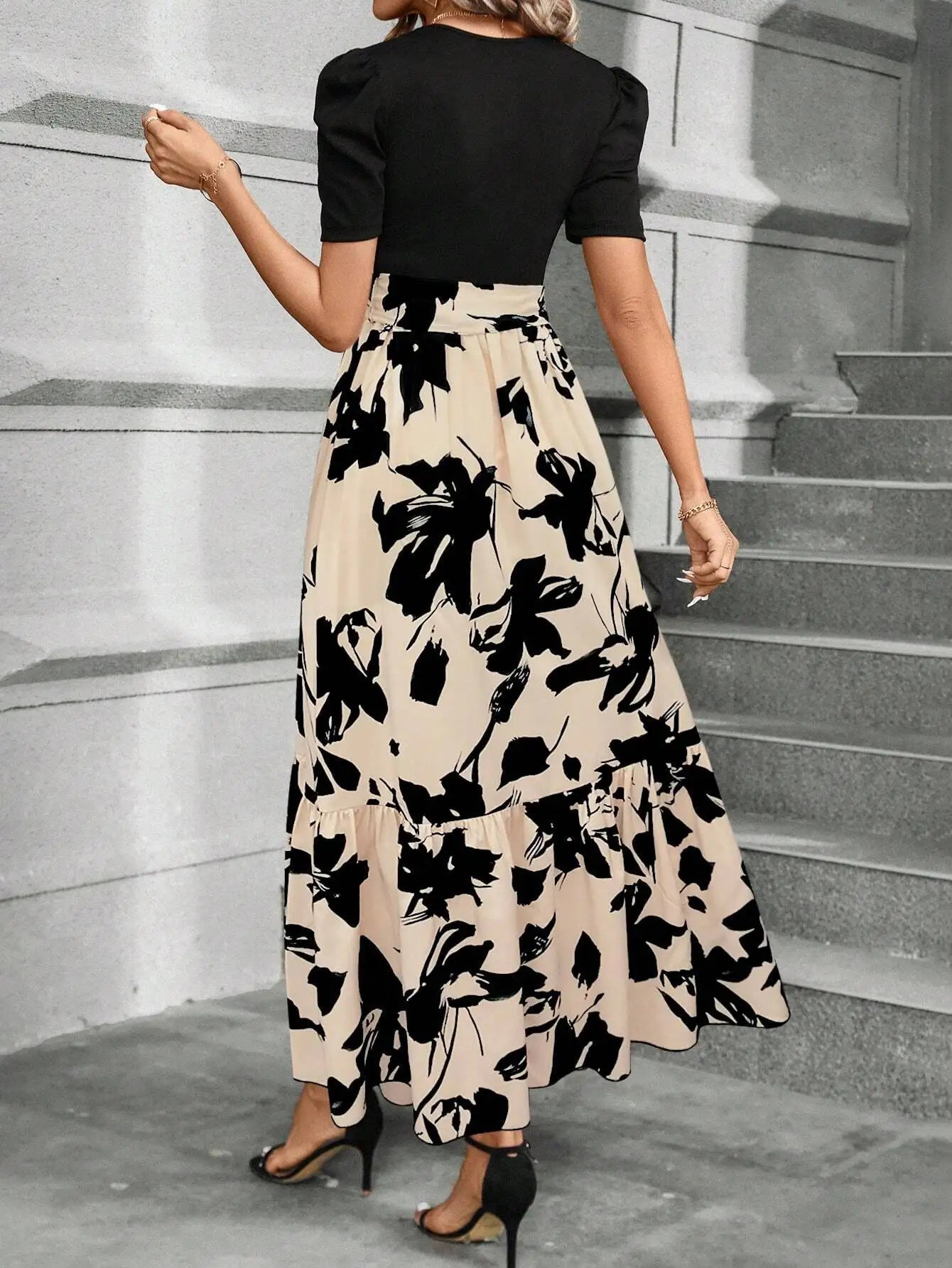 Women's Black Puff Sleeve Floral Print Maxi Dress With Sash Waist