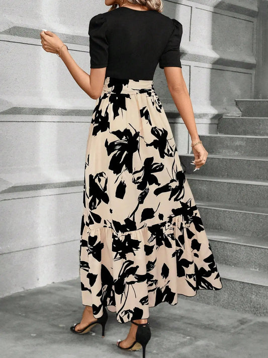 Women's Black Puff Sleeve Floral Print Maxi Dress With Sash Waist