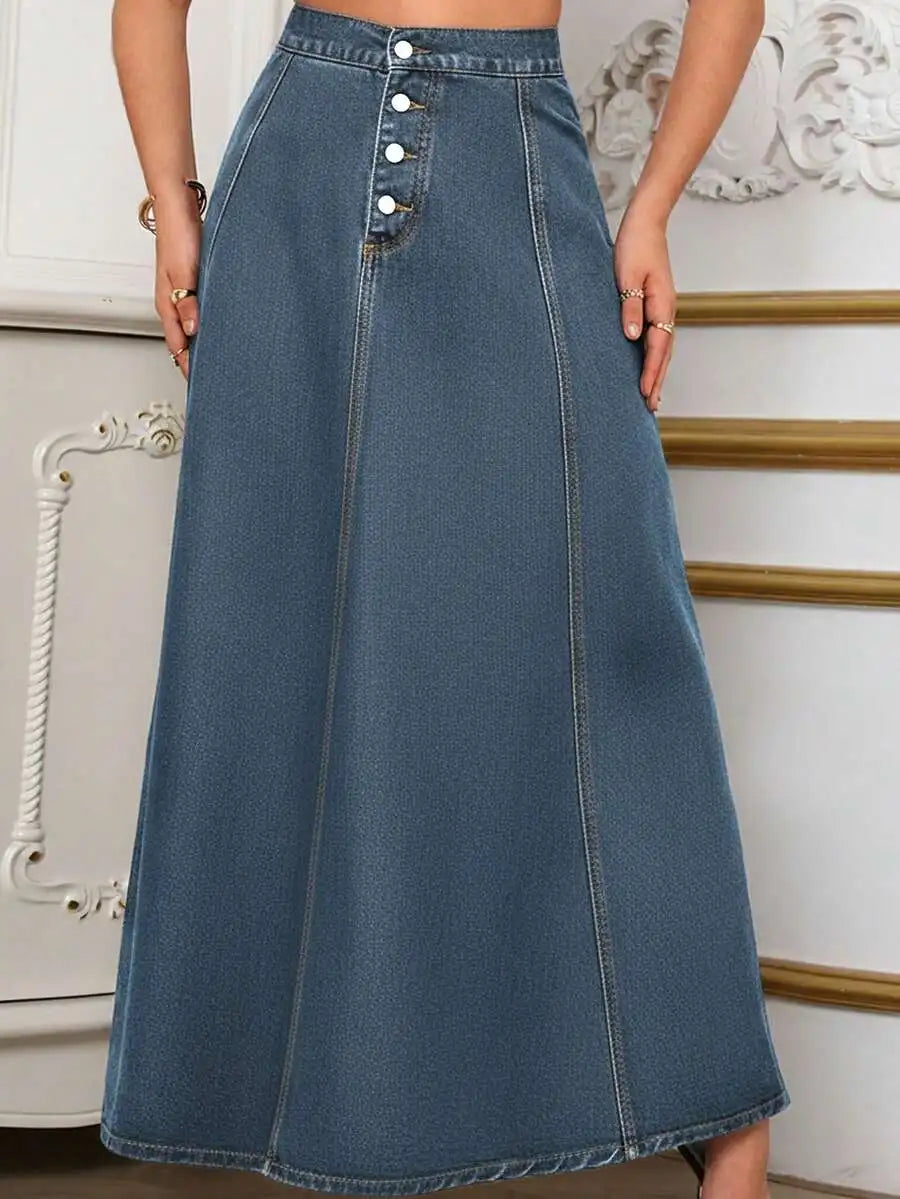 Front Button High-Waisted Denim Maxi Skirt for Women