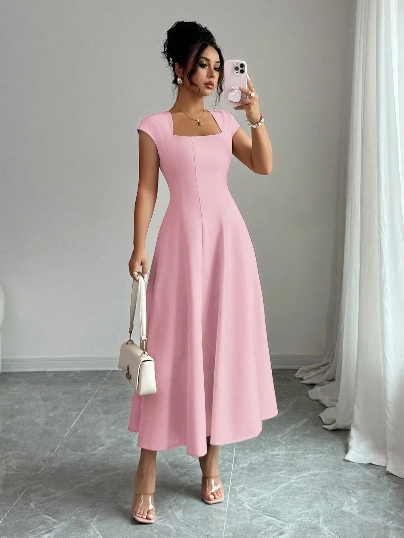 Elegant Solid Color Square Neck Short Sleeve A-Line Midi Dress For Women